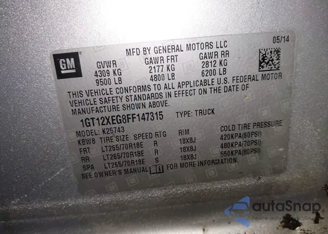 2015 GMC Sierra 2500Hd from USA, damaged, VIN 1GT12XEG8FF147315